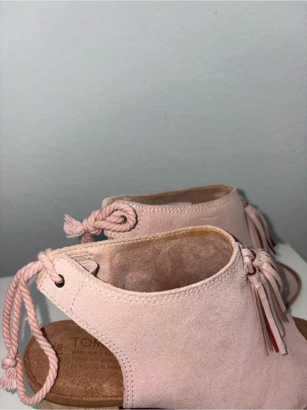TOMS Elba Blush Suede Peep Toe Wood Block Heel  Womens 10